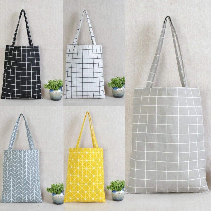 Shopper Bag Plaid Linen Cotton Canvas
